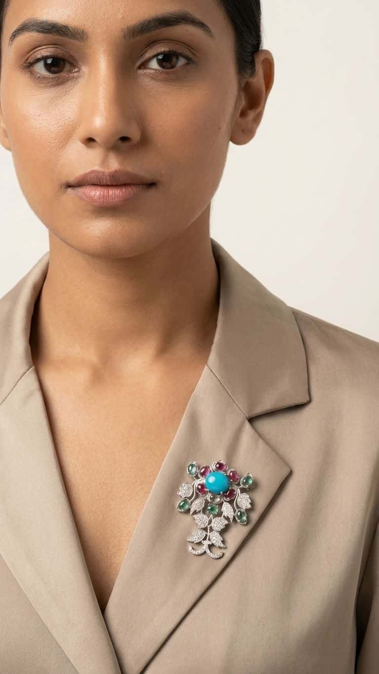 Tourmaline Turquoise Brooch in 92.5 sterling silver by Surya Jewellers Jaipur