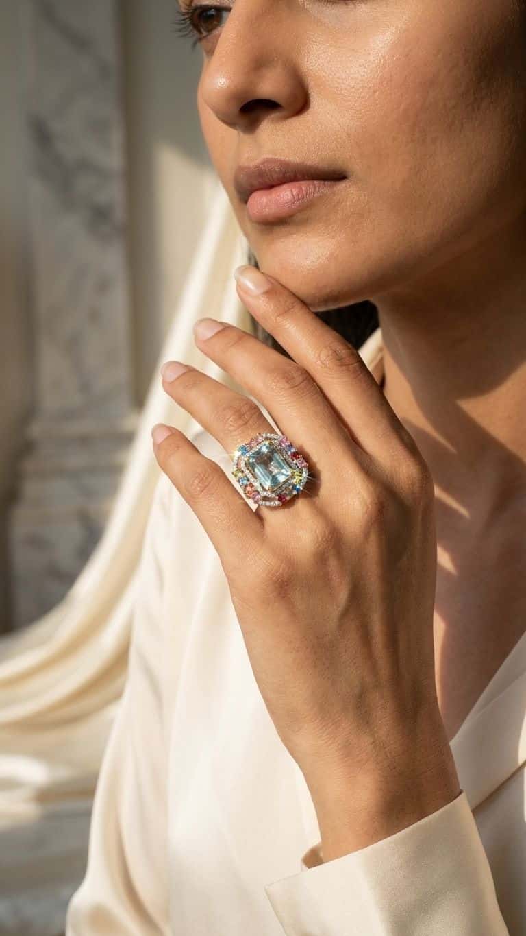 Aquamarine Multi Sapphire Ring in 92.5 sterling silver by Surya Jewellers Jaipur