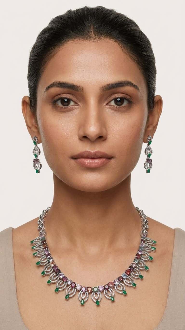 Emerald Pink Spinal Necklace in 92.5 sterling silver by Surya Jewellers Jaipur