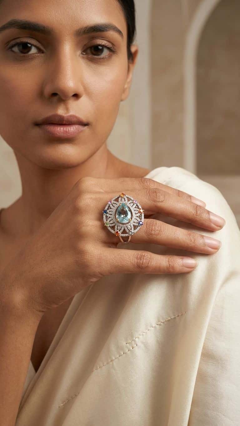 Aquamarine Multi Sapphire Ring in 92.5 sterling silver by Surya Jewellers Jaipur
