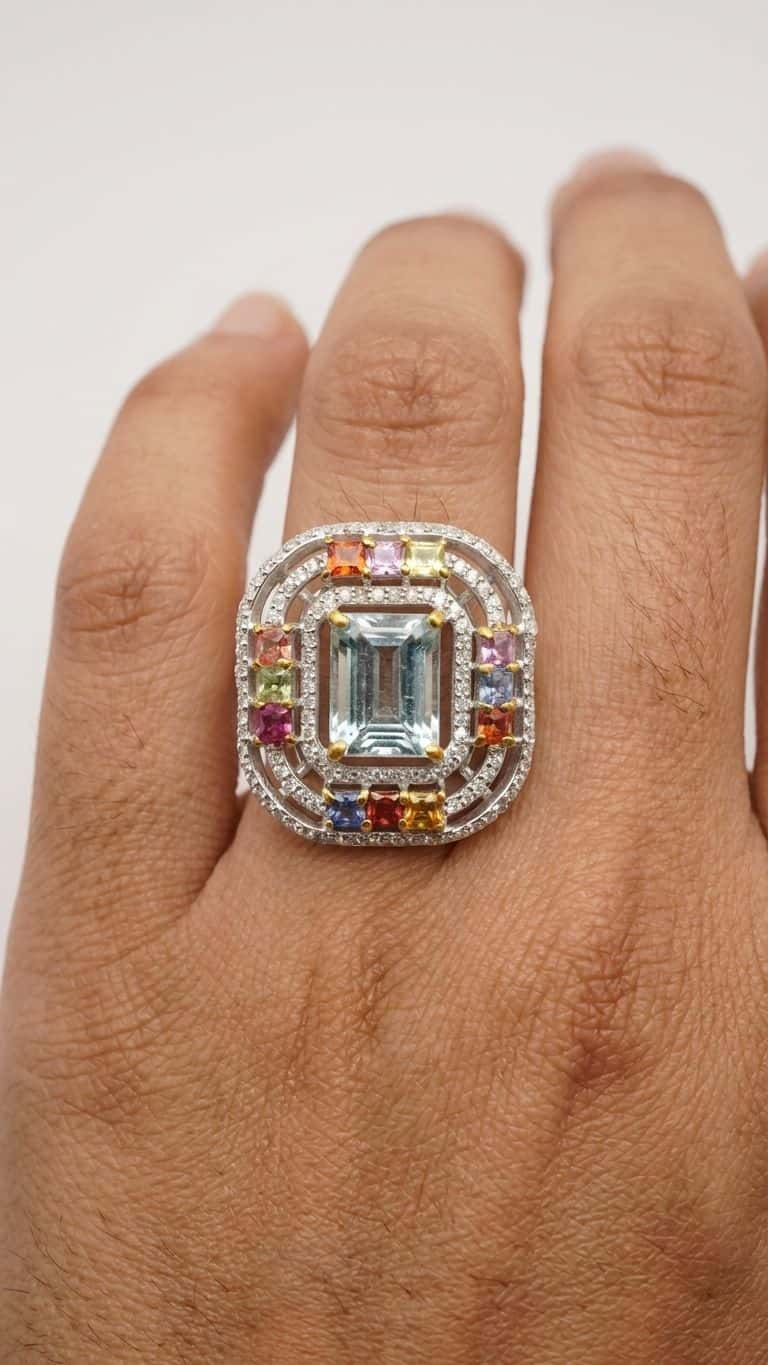 Aquamarine Multi Sapphire Ring in 92.5 sterling silver by Surya Jewellers Jaipur