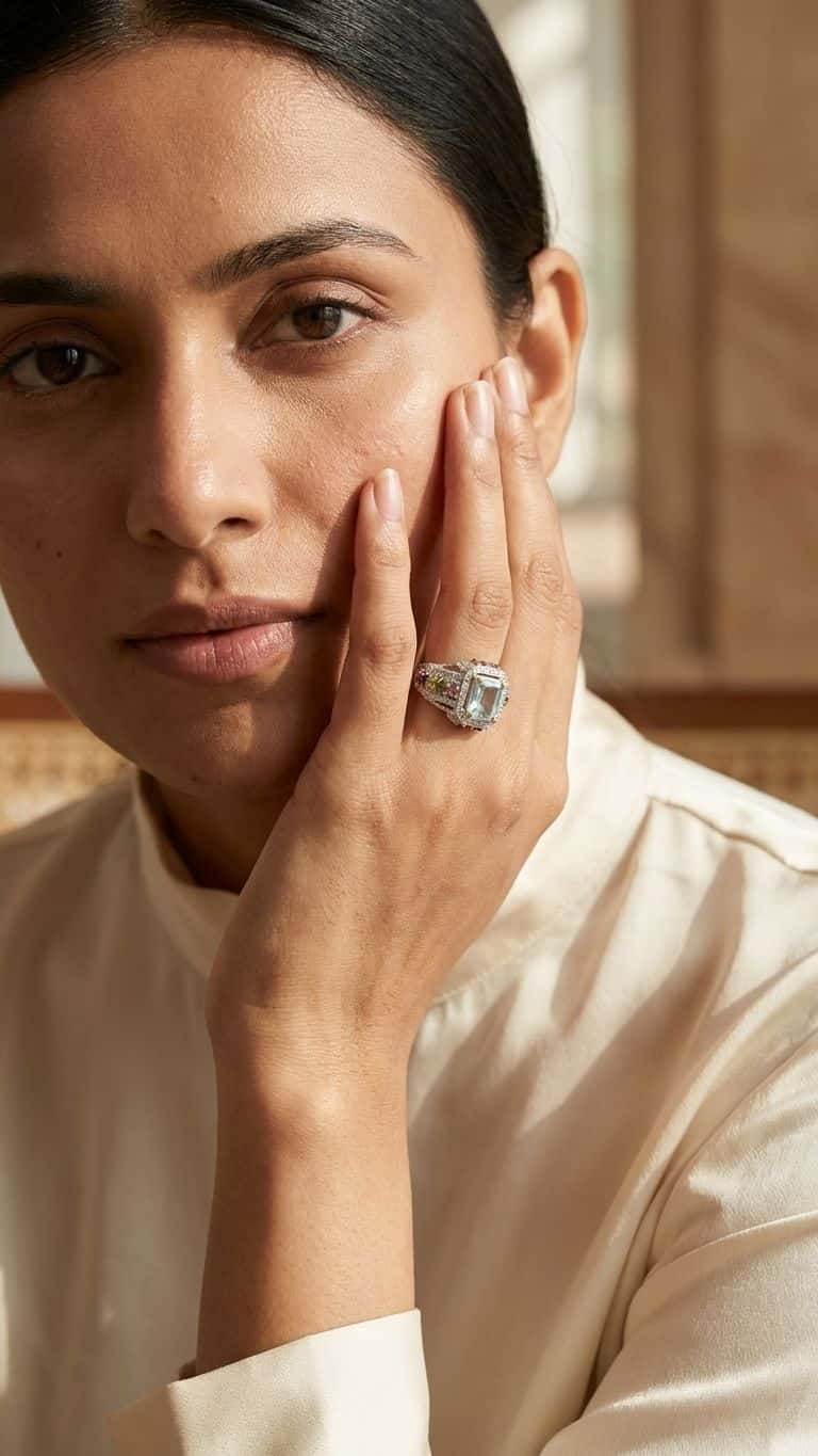 Aquamarine Multi Sapphire Ring in 92.5 sterling silver by Surya Jewellers Jaipur