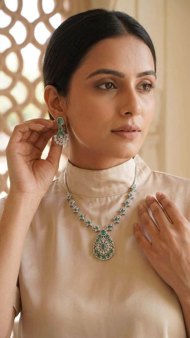 Emerald Necklace in 92.5 sterling silver by Surya Jewellers Jaipur