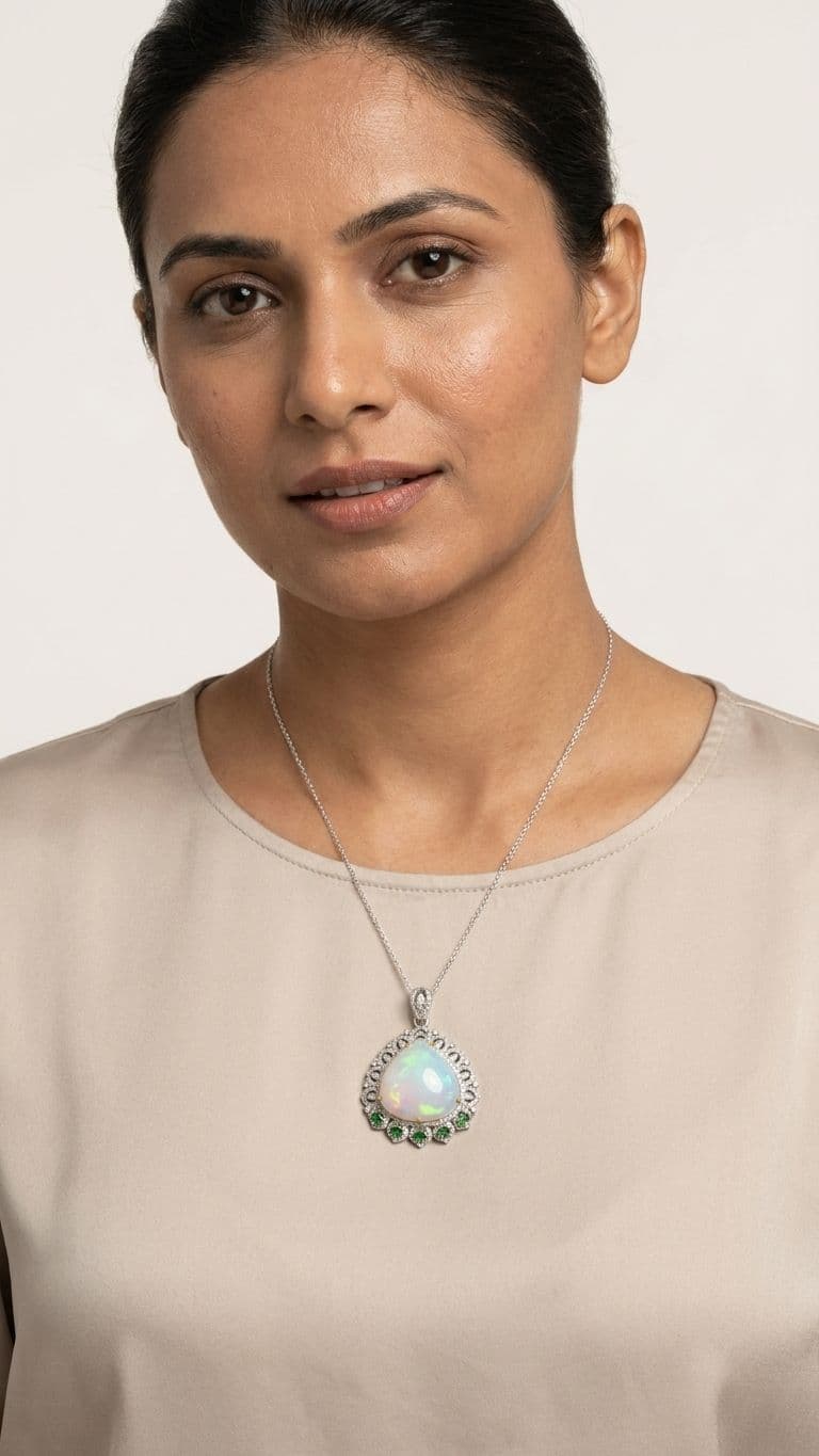 Tsavorite Tsavorite White Opal Pendant in 92.5 Sterling Silver — Surya Jewellers Jaipur