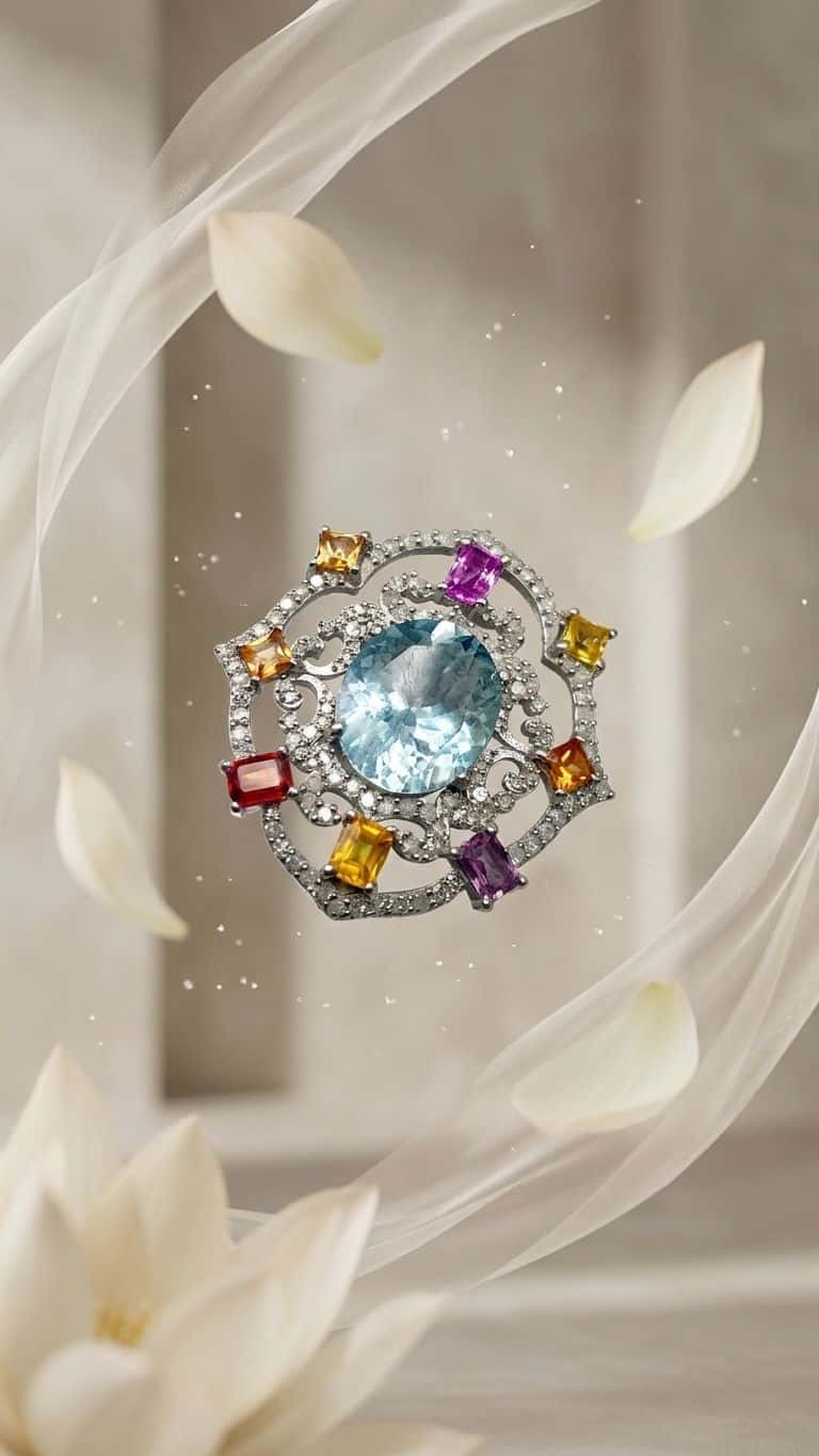 Aquamarine Multi Sapphire Brooch in 92.5 sterling silver by Surya Jewellers Jaipur