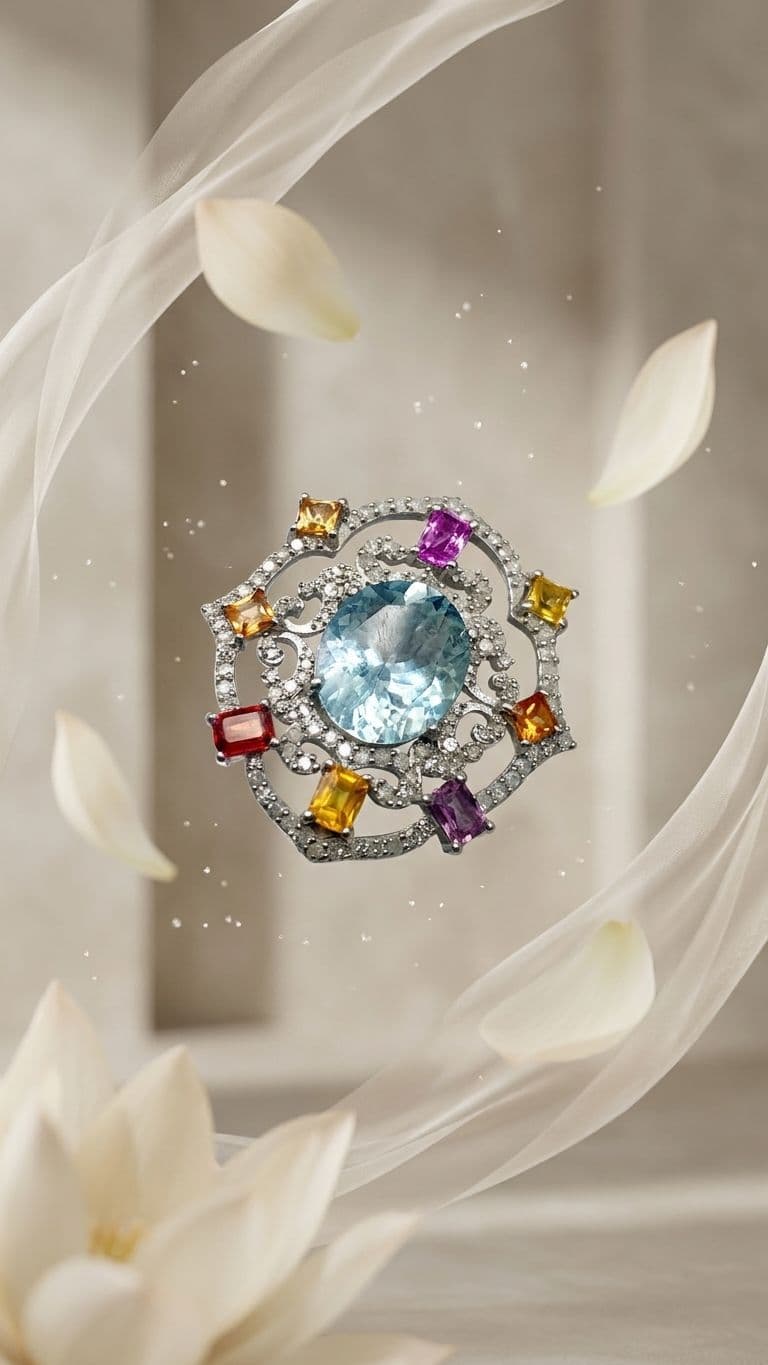 Aquamarine Aquamarine Multi Sapphire Brooch in 92.5 Sterling Silver — Surya Jewellers Jaipur