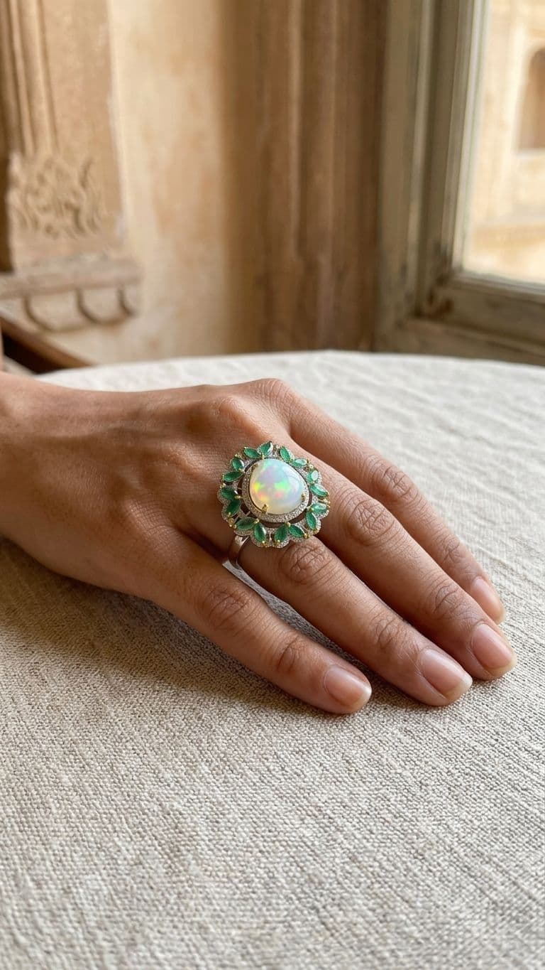 Emerald Emerald White opal Ring — 92.5 Sterling Silver