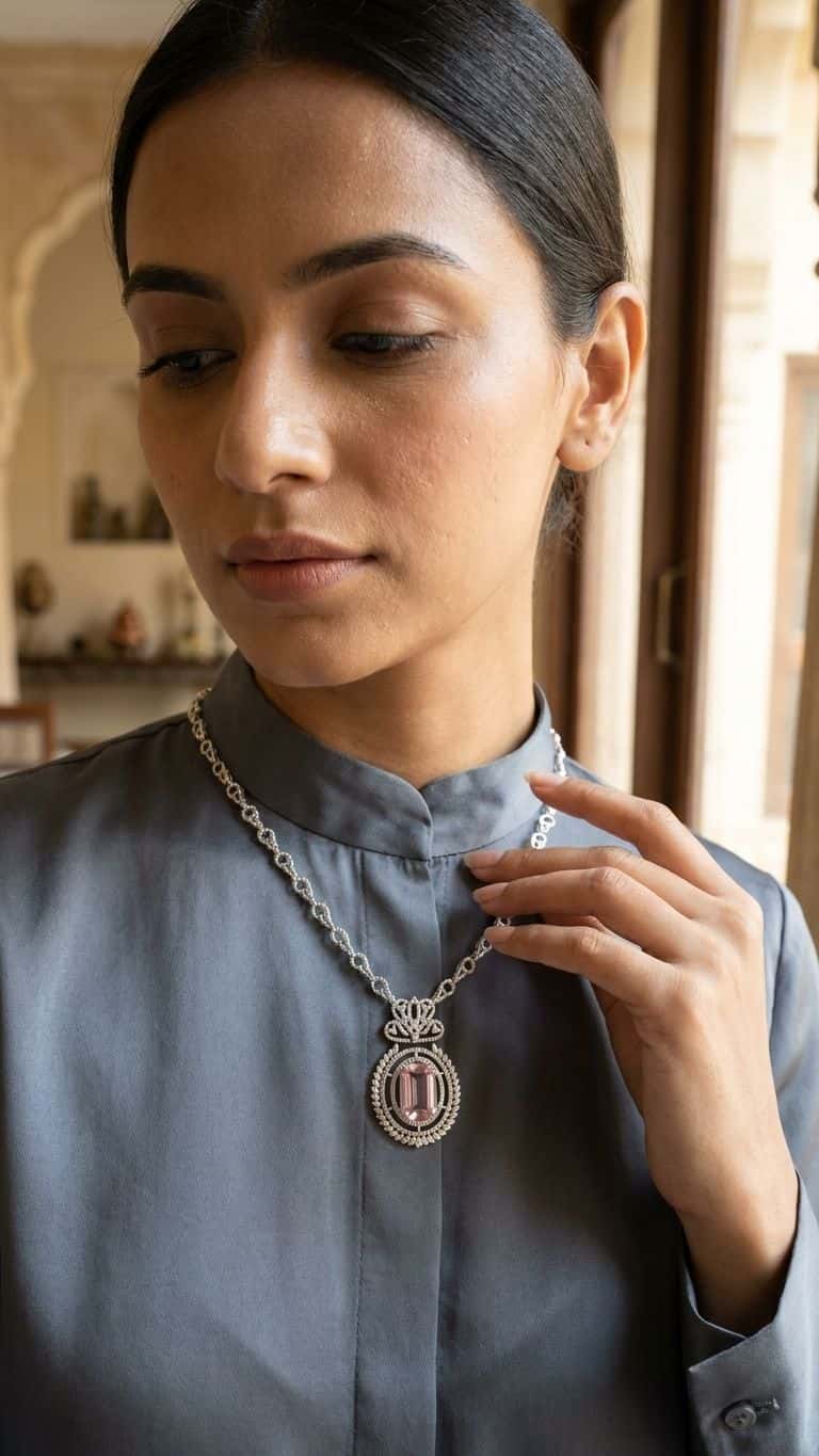 Kunzite Shapphire Necklace in 92.5 sterling silver by Surya Jewellers Jaipur