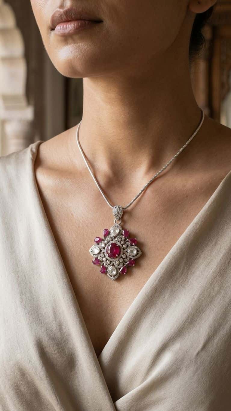 Ruby Pendant in 92.5 sterling silver by Surya Jewellers Jaipur